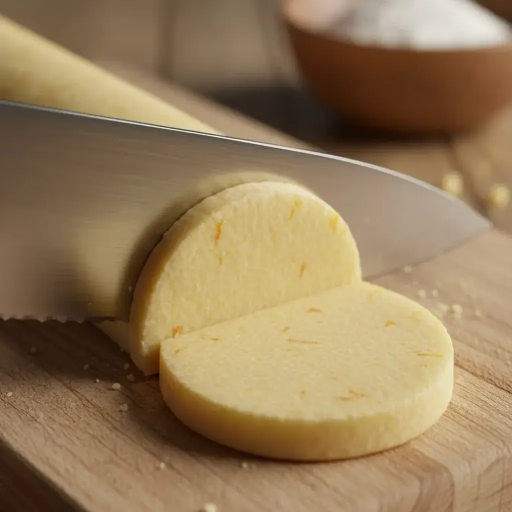 slicing orange shortbread dough log