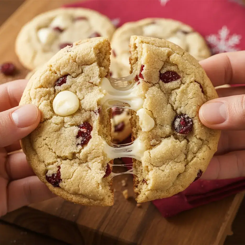 pulling apart a soft white chocolate cranberry cookie