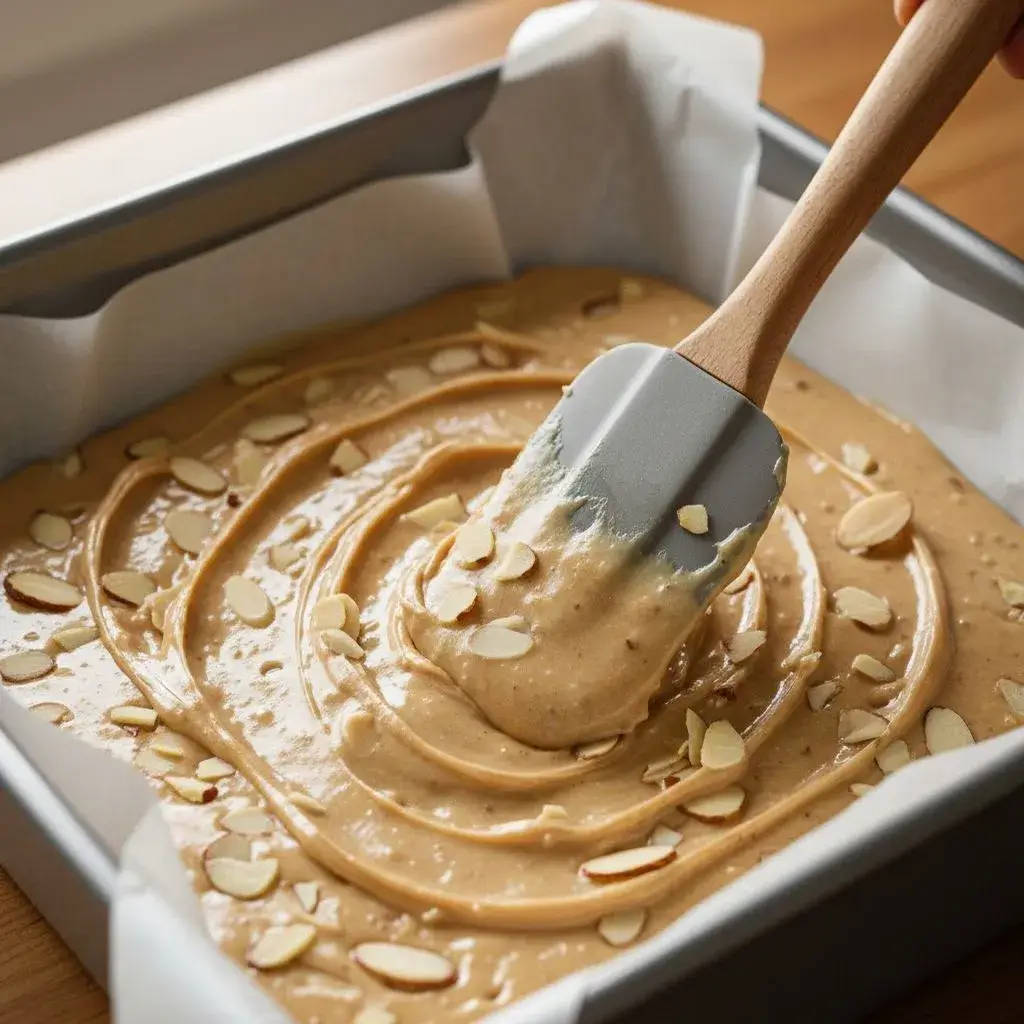 spreading easy almond croissant blondie batter in pan