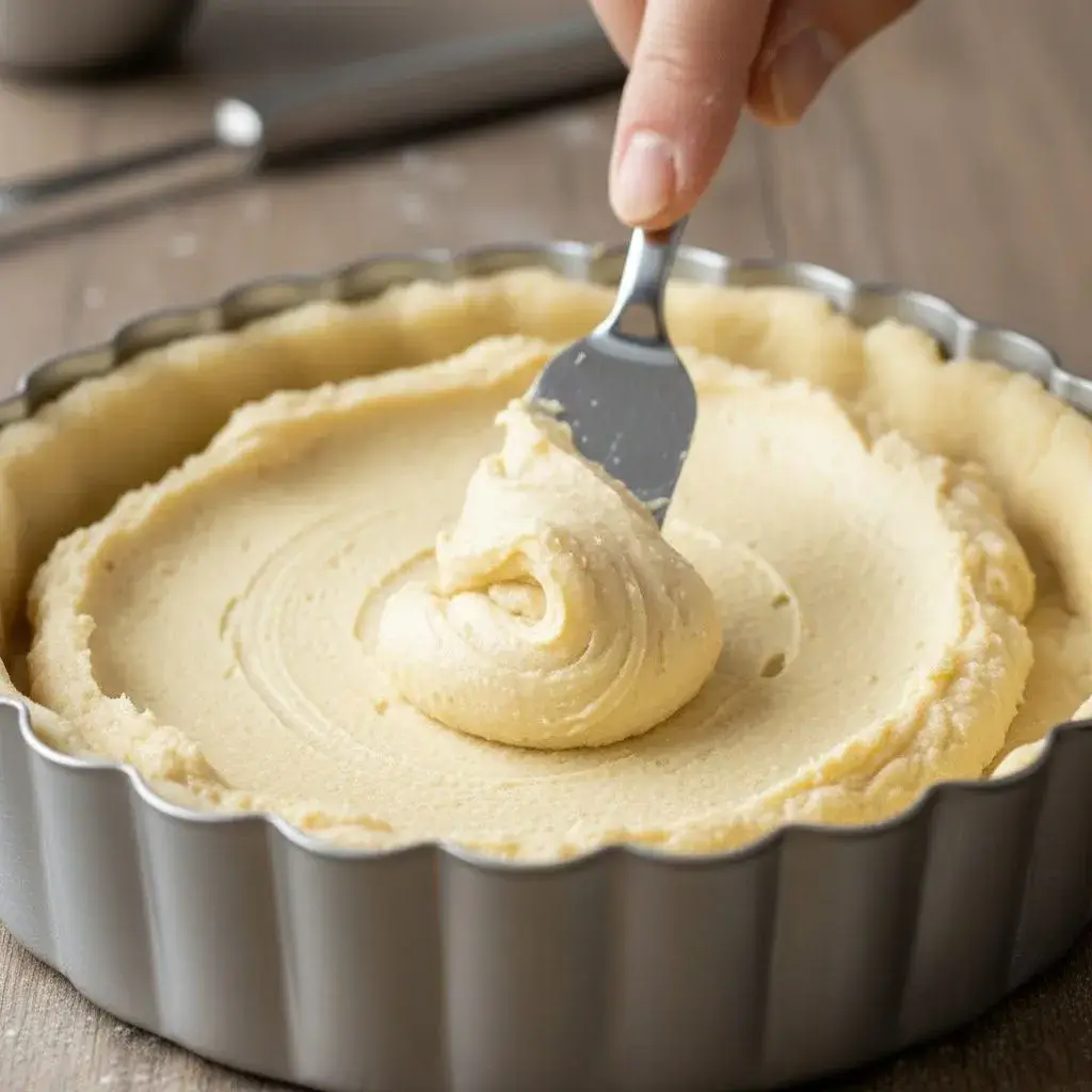 spreading frangipane filling into tart shell