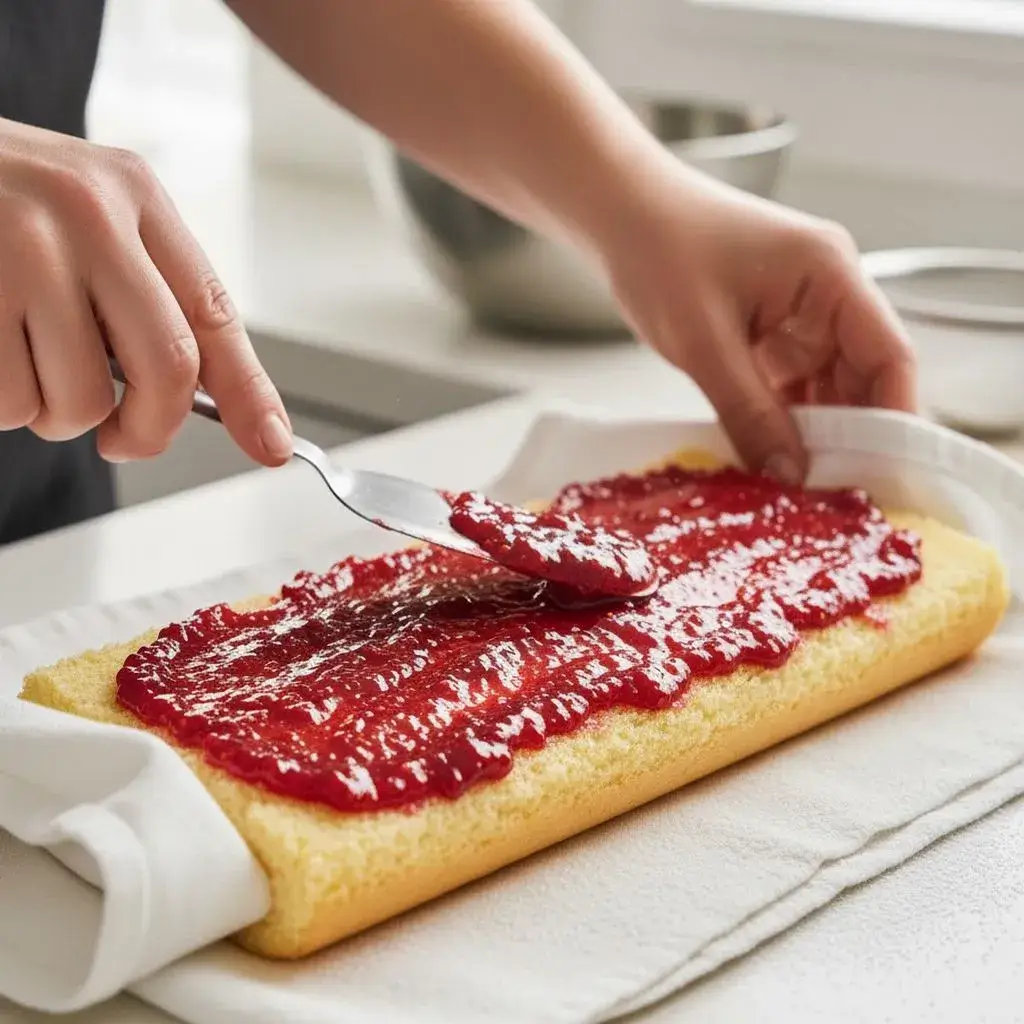 spreading jam on jelly roll cake before rolling