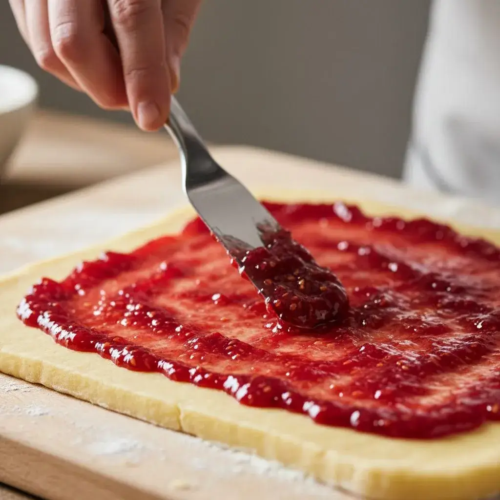 spreading-raspberry-jam-on-shortbread-dough-for-swirl