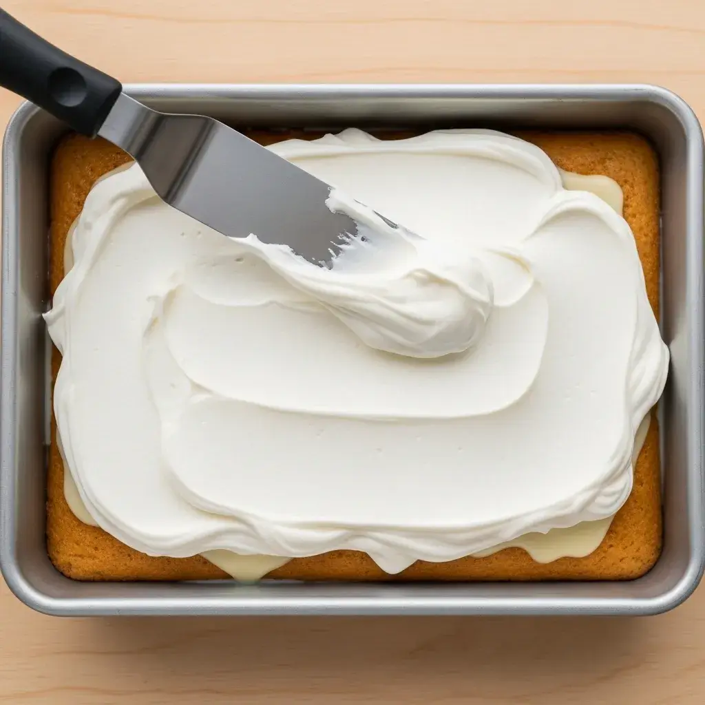 spreading whipped topping on poke cake