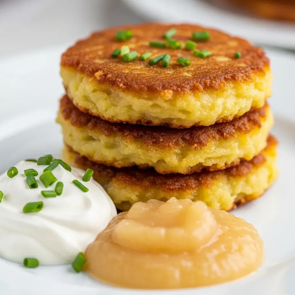 stack of crispy mashed potato latkes with sour cream