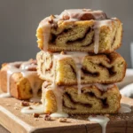 stack of easy cinnamon roll bars with glaze