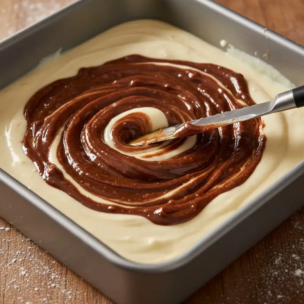 swirling cinnamon filling into easy cinnamon roll bar batter