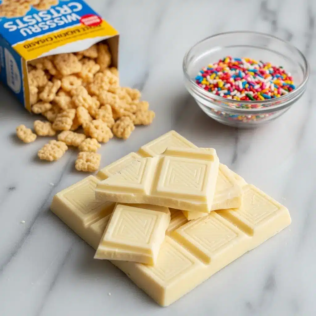 three ingredients for white chocolate rice krispie cakes