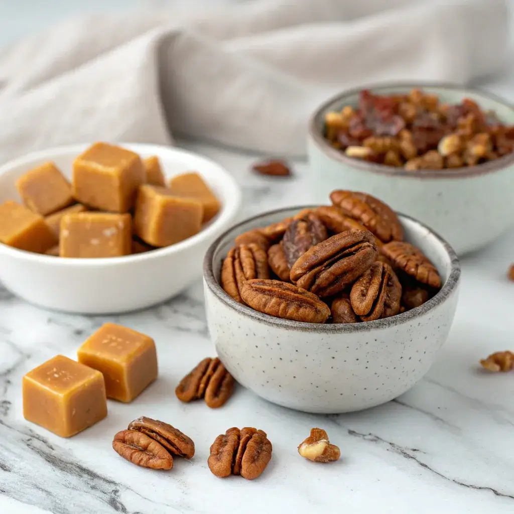 ingredients for easy turtle cookies pecans and caramel