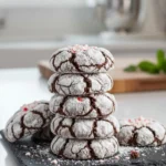 ultra fudgy chocolate peppermint crinkle cookies stacked
