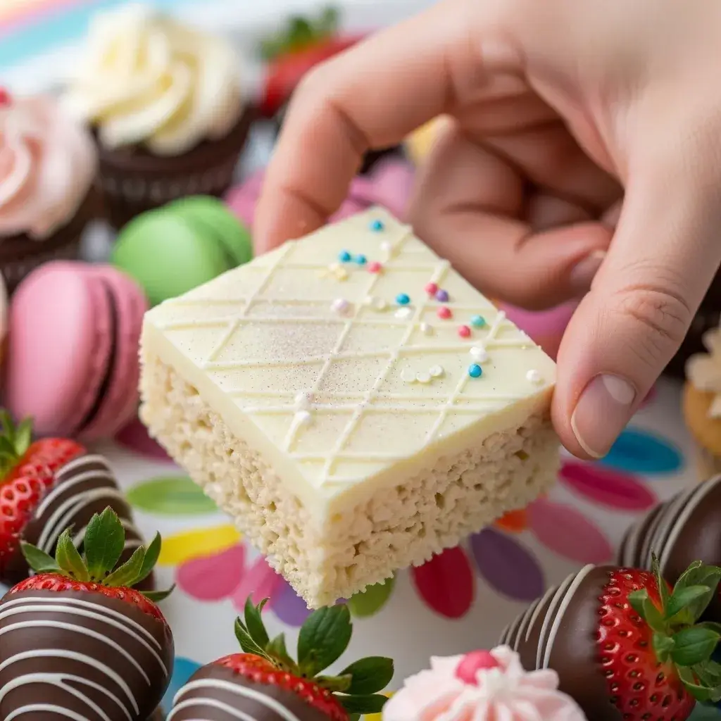 white chocolate rice krispie cakes on a party platter