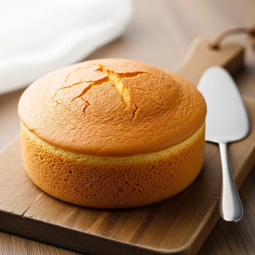 whole golden chinese sponge cake on a board