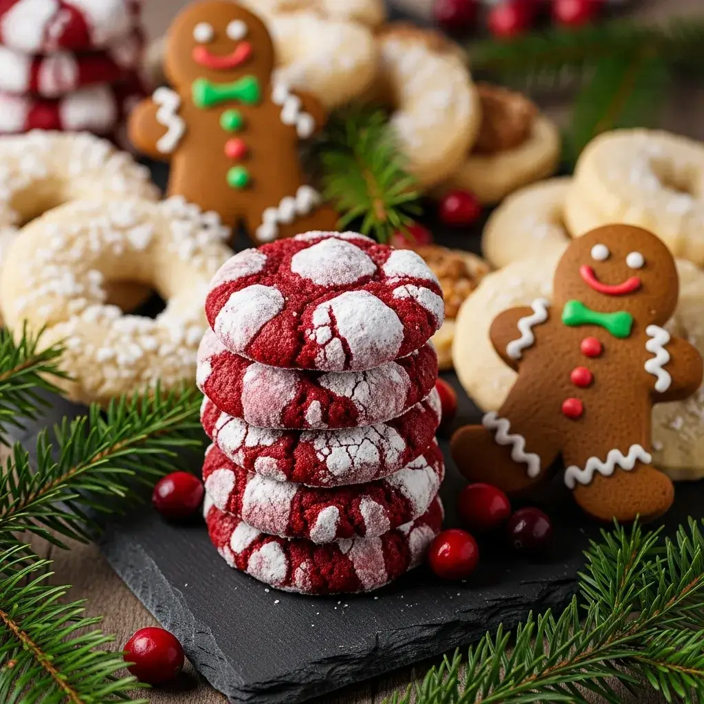red velvet crinkle cookies on holiday cookie platter