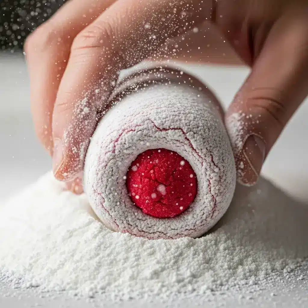 rolling red velvet cookie dough in powdered sugar